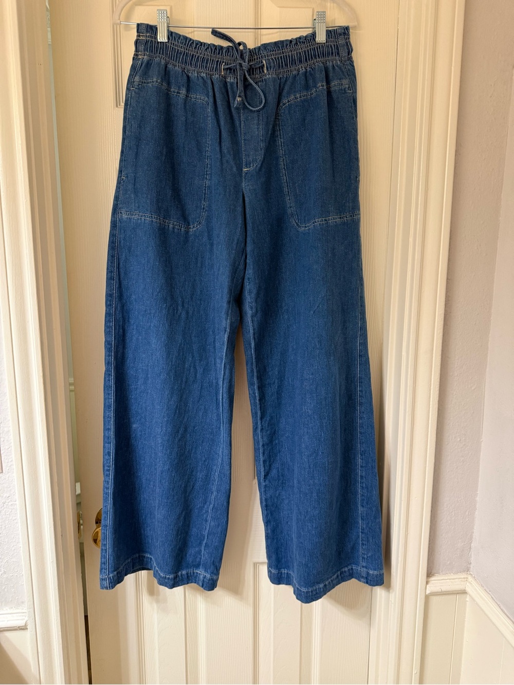 American Eagle Outfitters Wide-Leg Drawstring Jeans in Dark Blue
